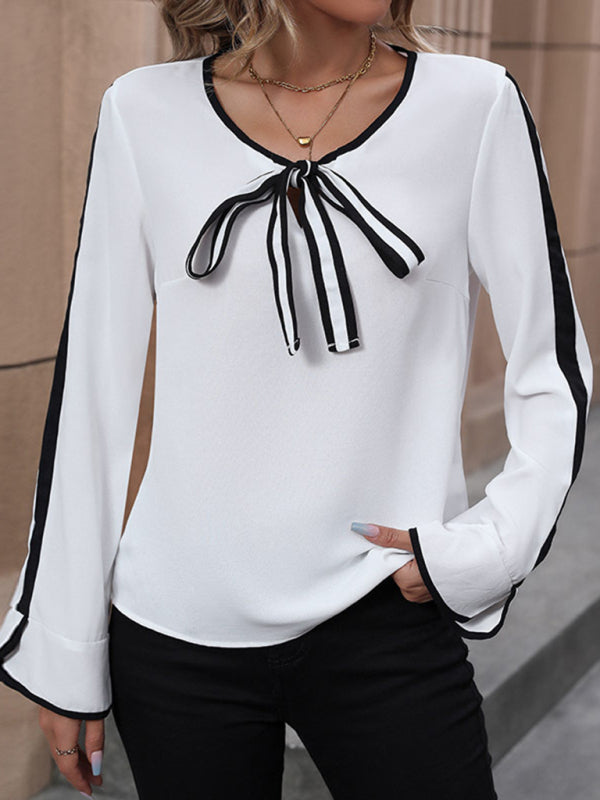 Lace-up bow shirt long-sleeved contrast shirt - White / S
