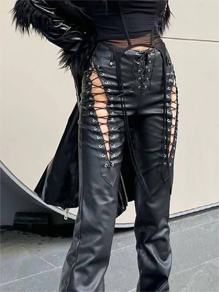 LACE-UP LEATHER PANTS WITH EDGY CUTOUT DETAILS