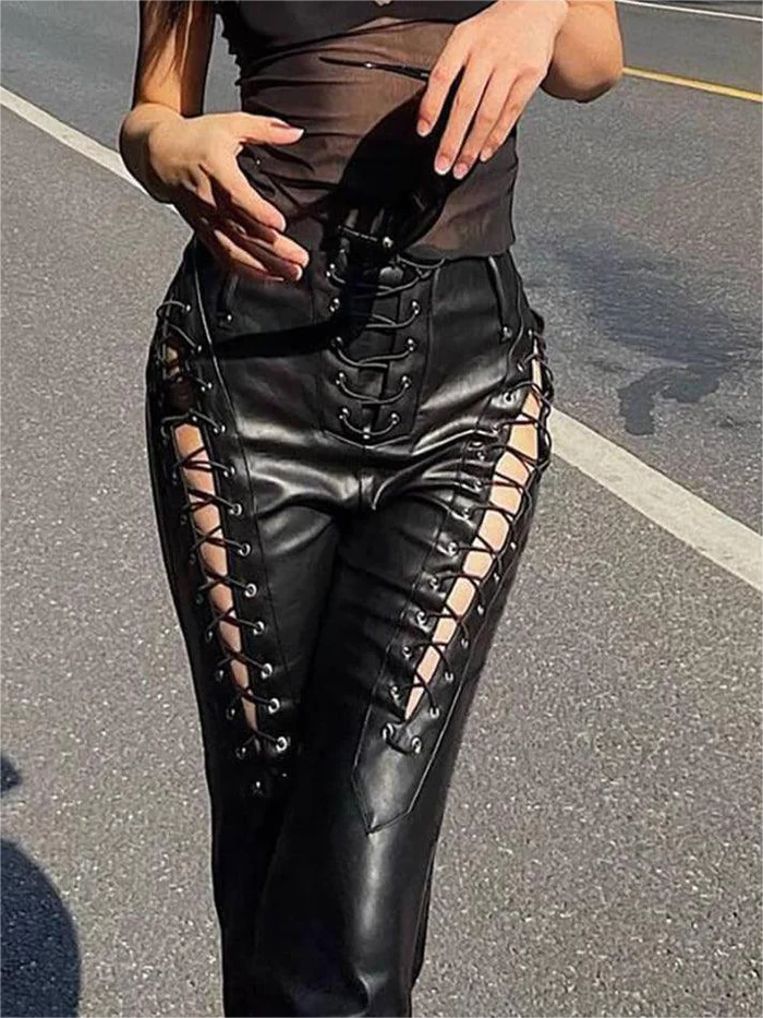 LACE-UP LEATHER PANTS WITH EDGY CUTOUT DETAILS