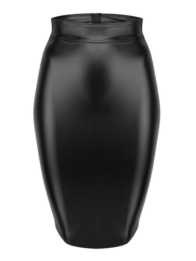 LACE-UP MIDI SKIRT - SLIM FIT BLACK FAUX LEATHER DESIGN