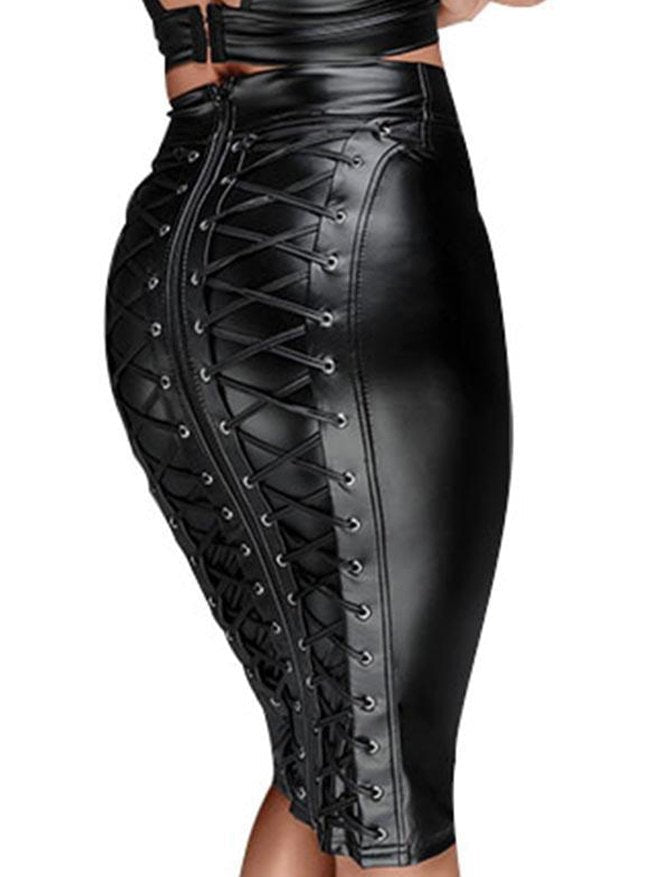 LACE-UP MIDI SKIRT - SLIM FIT BLACK FAUX LEATHER DESIGN