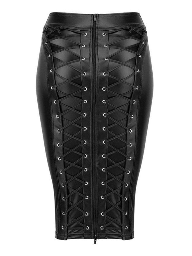 LACE-UP MIDI SKIRT - SLIM FIT BLACK FAUX LEATHER DESIGN