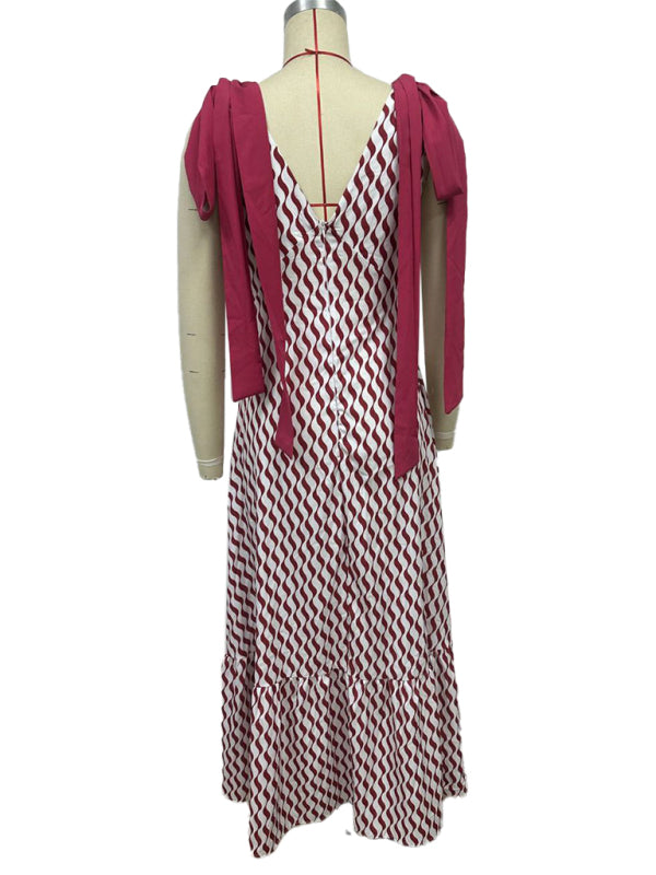 Lace-up women’s long dress V-neck sleeveless printed dress
