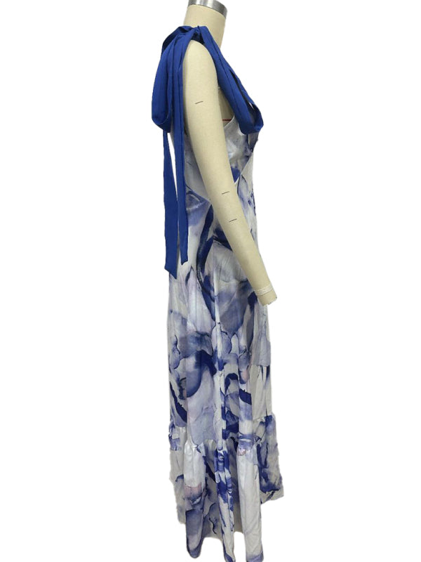 Lace-up women’s long dress V-neck sleeveless printed dress