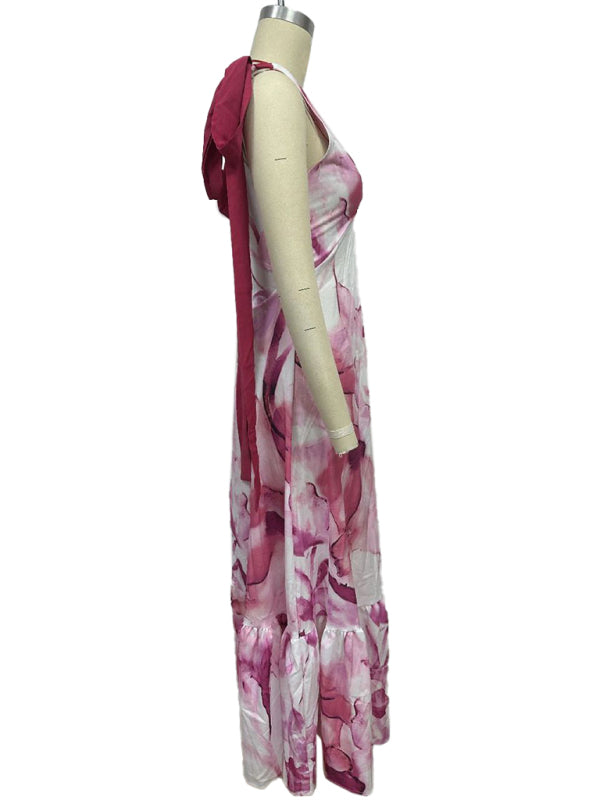 Lace-up women’s long dress V-neck sleeveless printed dress