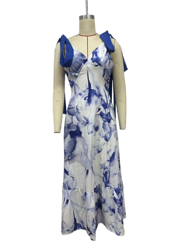 Lace-up women’s long dress V-neck sleeveless printed dress