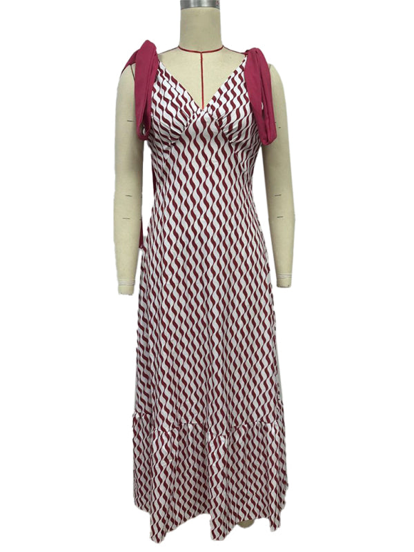 Lace-up women’s long dress V-neck sleeveless printed dress