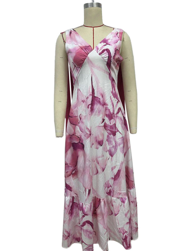 Lace-up women’s long dress V-neck sleeveless printed dress