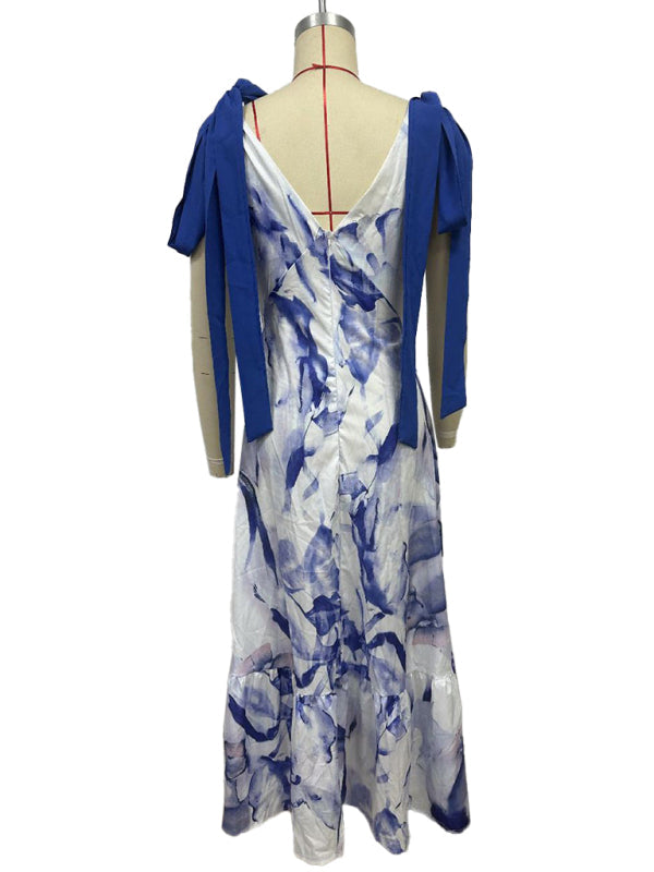 Lace-up women’s long dress V-neck sleeveless printed dress