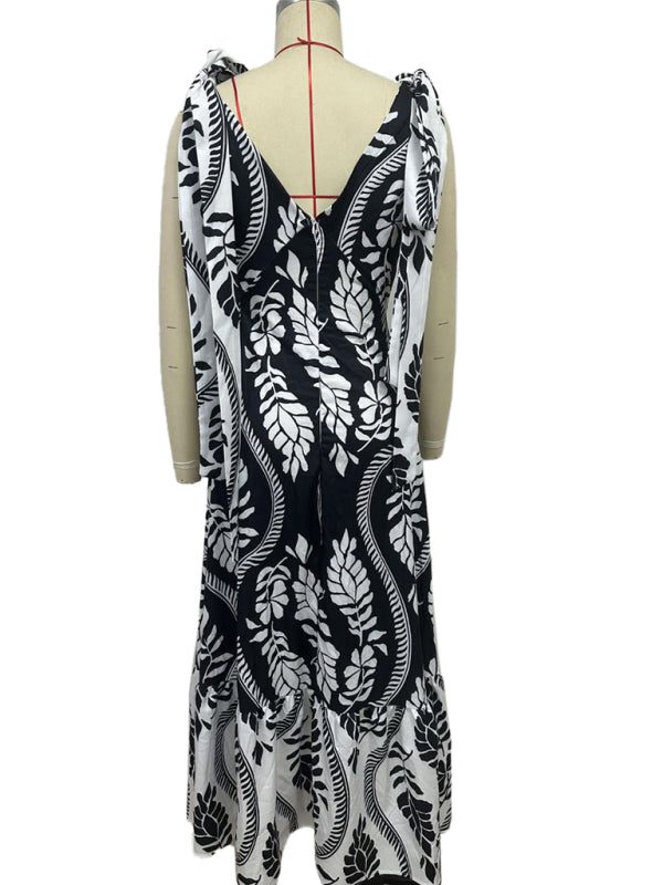 Lace-up women’s long dress V-neck sleeveless printed dress