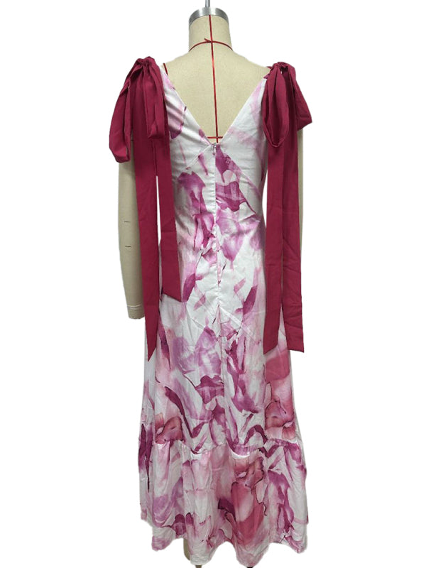 Lace-up women’s long dress V-neck sleeveless printed dress