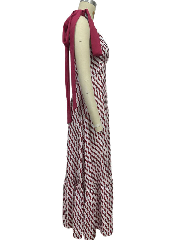 Lace-up women’s long dress V-neck sleeveless printed dress