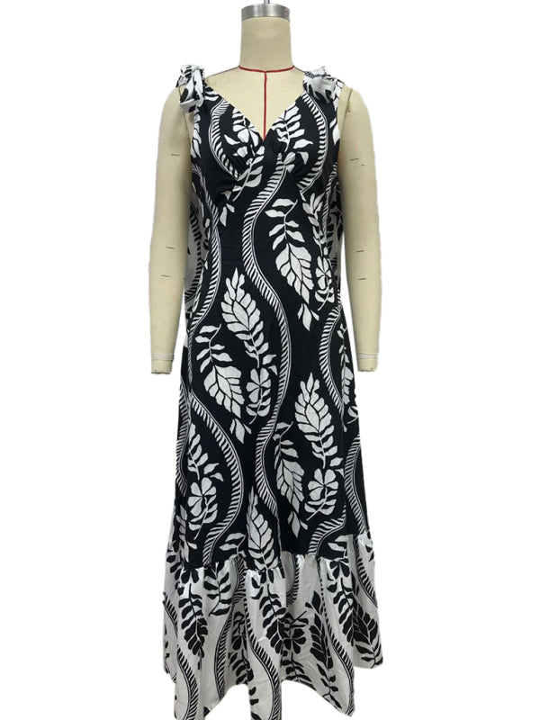 Lace-up women’s long dress V-neck sleeveless printed dress