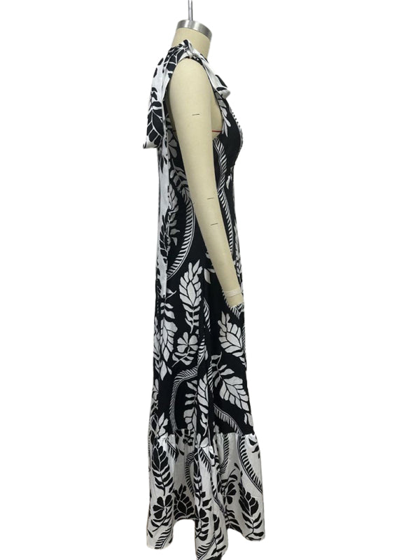 Lace-up women’s long dress V-neck sleeveless printed dress