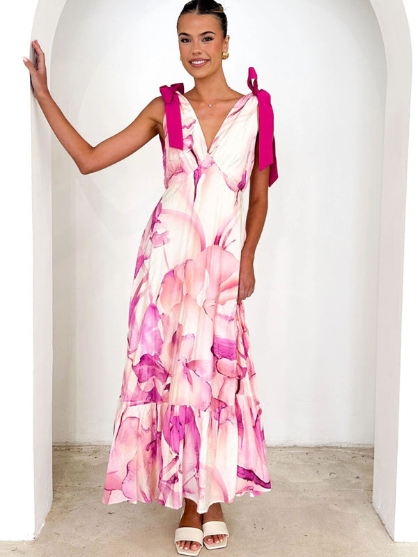 Lace-up women’s long dress V-neck sleeveless printed dress - Pink / S
