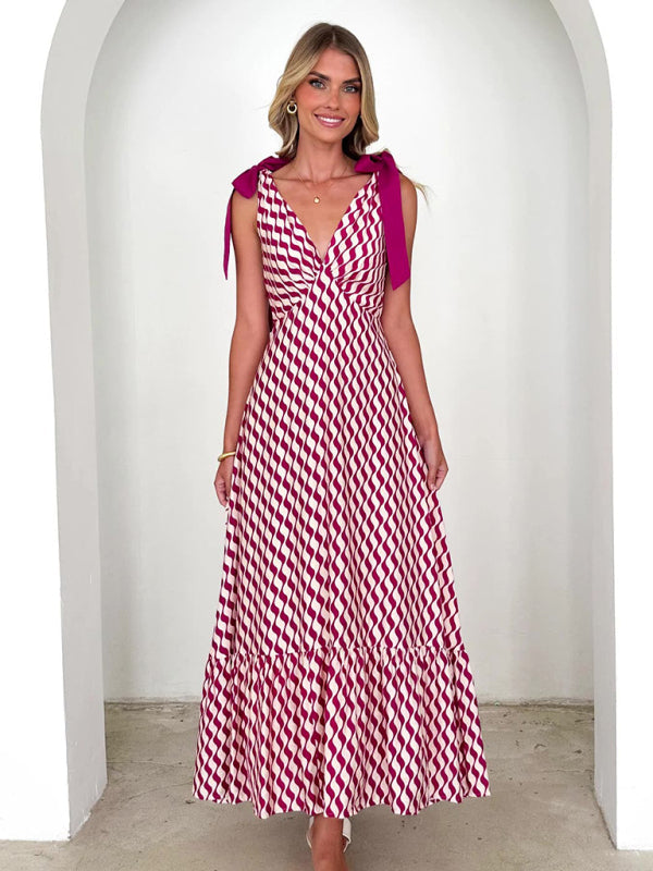 Lace-up women’s long dress V-neck sleeveless printed dress - Red / S