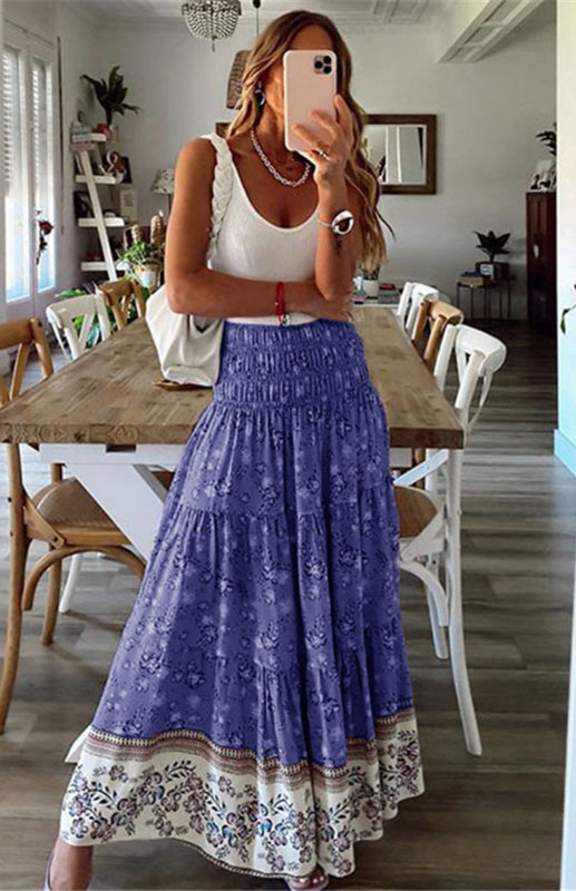 Ladies Casual Fashion Boho Print Skirt - Blue / S