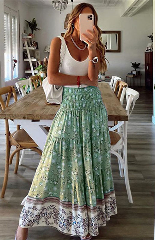 Ladies Casual Fashion Boho Print Skirt - Green / S