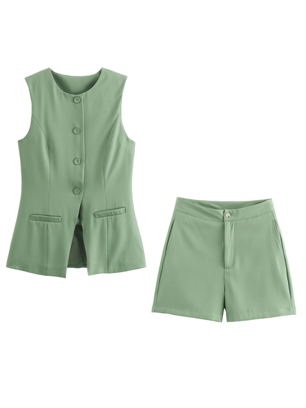 Ladies casual new V-neck single-breasted slim vest + shorts fashion suit - Green / S