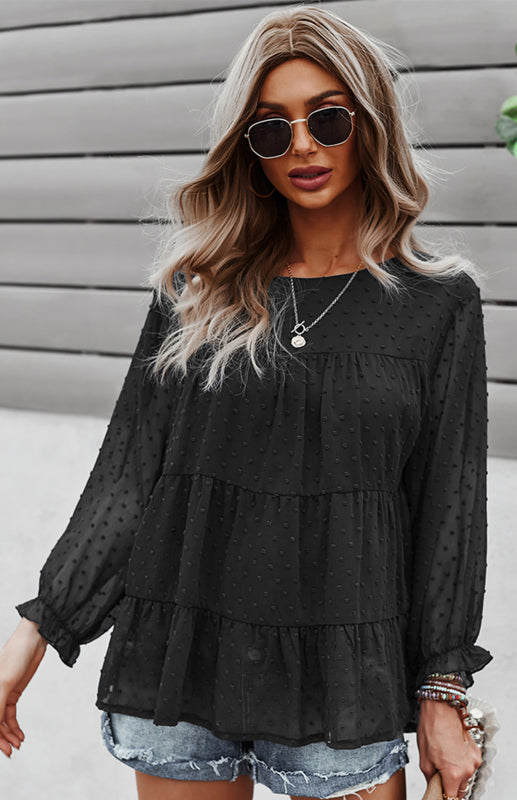 Ladies Casual Round Neck Casual Jacquard Top - Black / S