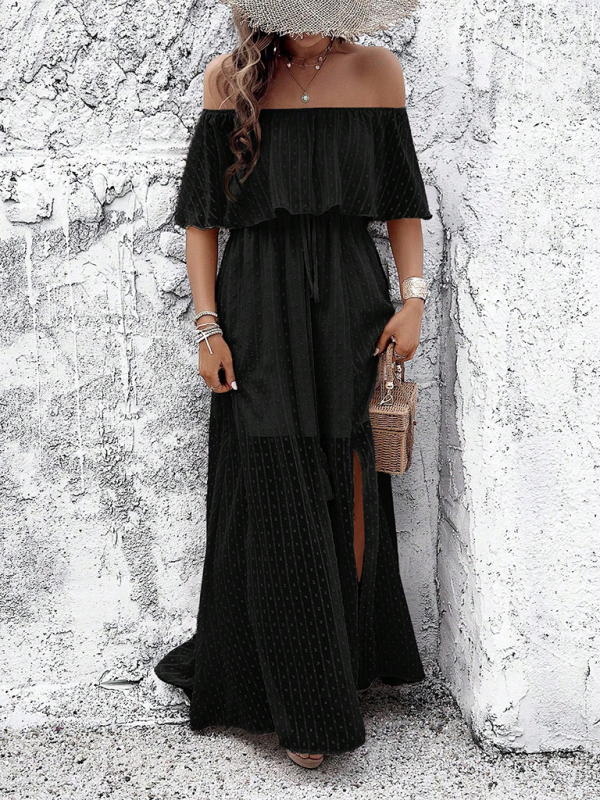 Elegant black off-the-shoulder maxi dress, perfect for stylish women’s clothing