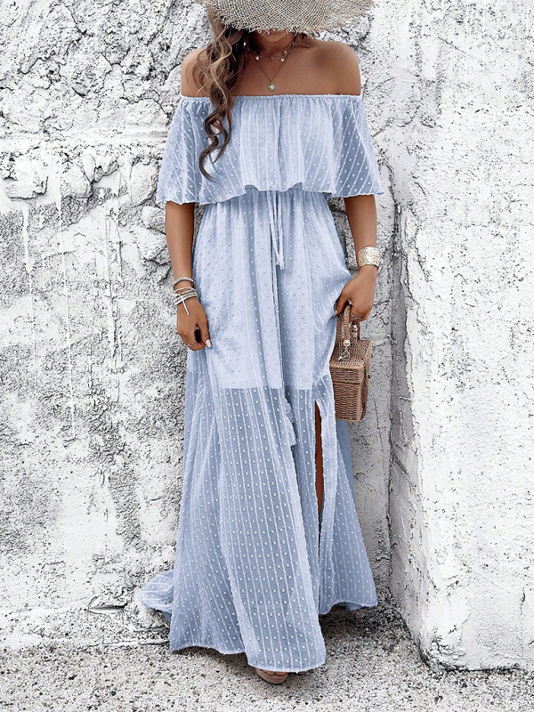 Elegant off-the-shoulder blue maxi dress, perfect for ladies’ fashion clothing