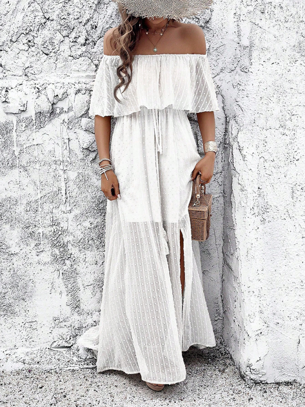 Elegant off-the-shoulder white maxi dress, perfect for formal occasions
