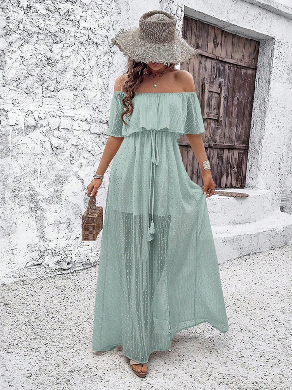 Elegant woman wearing a new off-the-shoulder maxi dress showcasing stylish clothing type