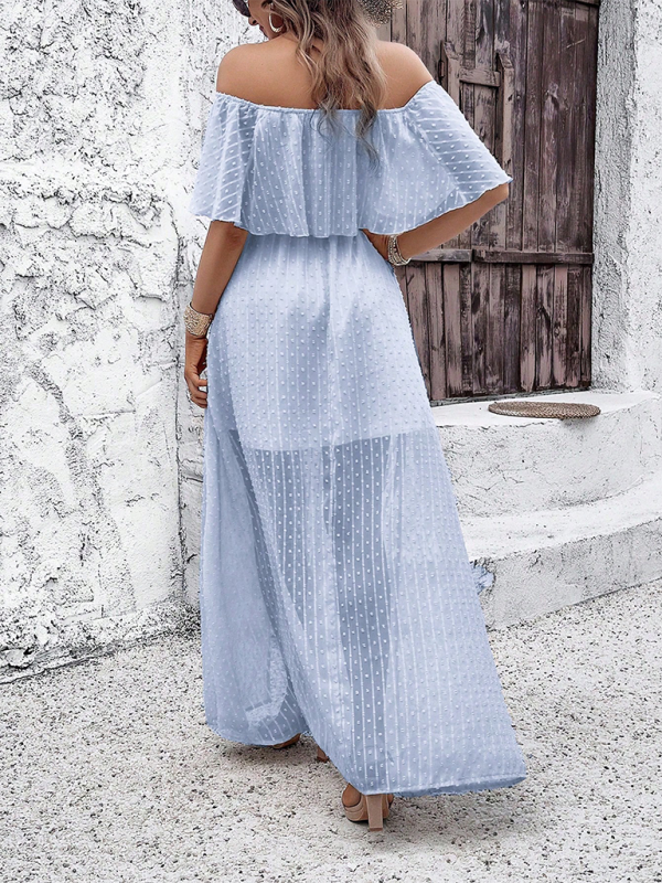 Light blue off-the-shoulder maxi dress showcasing elegant clothing type for Ladies new one shoulder dress