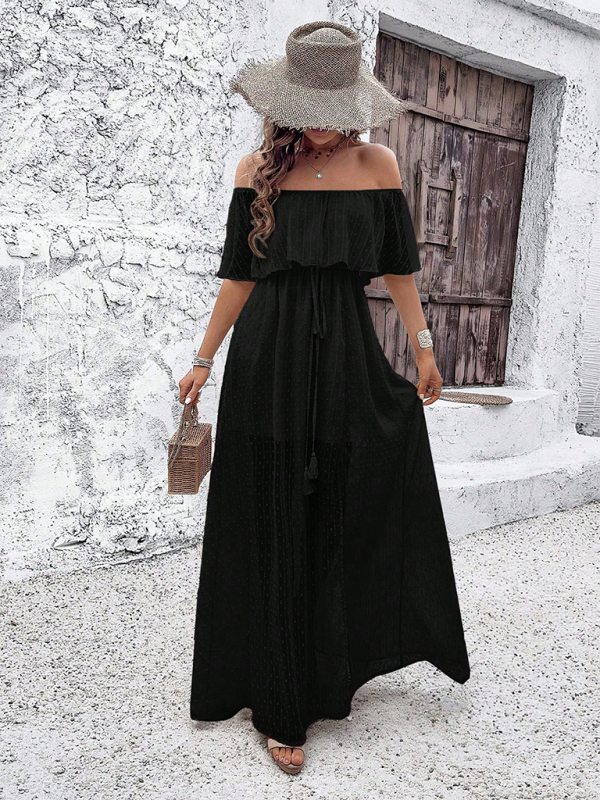 Elegant black off-the-shoulder maxi dress for women, perfect formal clothing attire