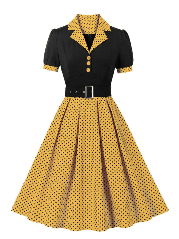 Ladies new fashion polka dot lapel short sleeve belt slim dress - Yellow / S