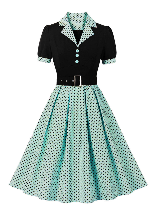 Ladies new fashion polka dot lapel short sleeve belt slim dress - Spearmint viridis / S