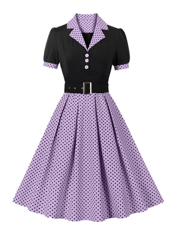 Ladies new fashion polka dot lapel short sleeve belt slim dress - Purple / S