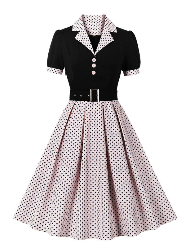 Ladies new fashion polka dot lapel short sleeve belt slim dress - Pink / S