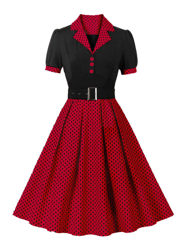 Ladies new fashion polka dot lapel short sleeve belt slim dress - Red / S