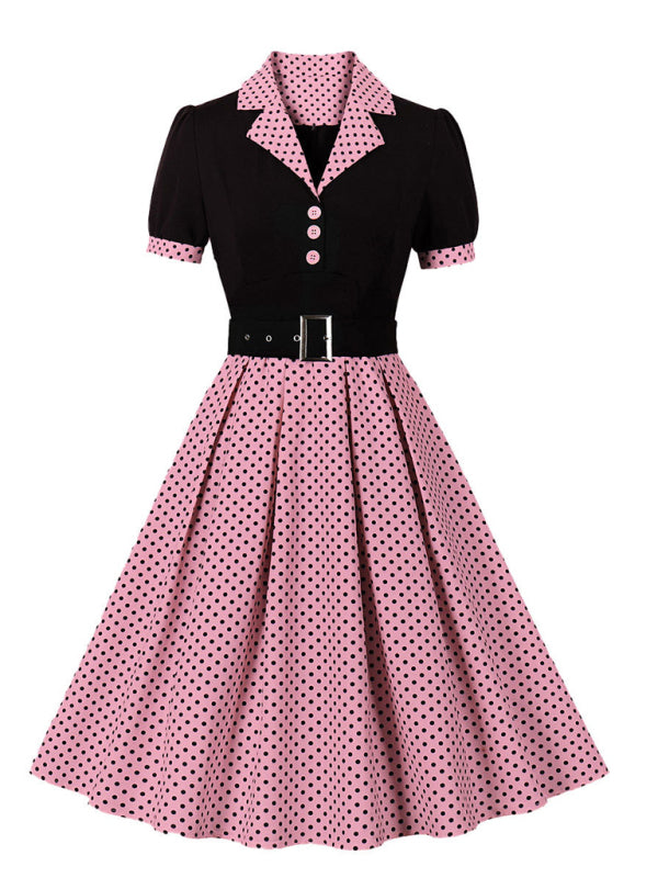 Ladies new fashion polka dot lapel short sleeve belt slim dress - Rose / S
