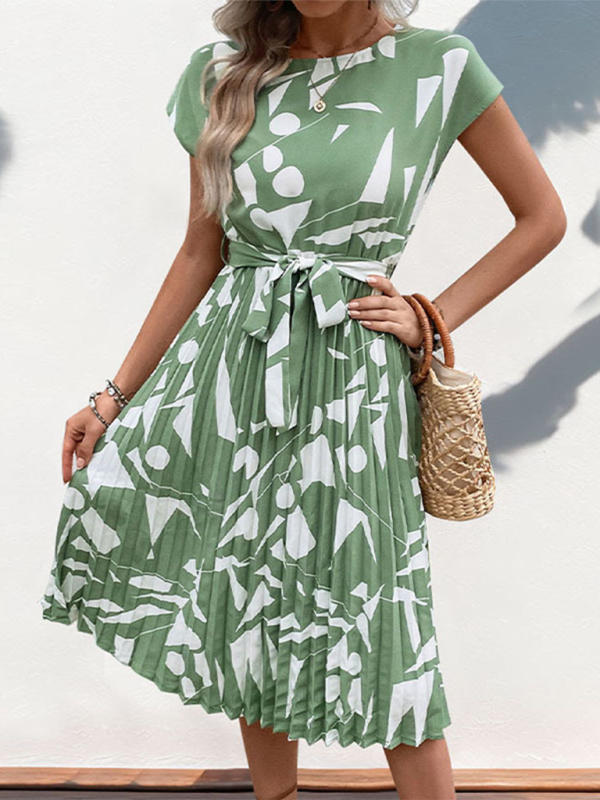 Ladies new geometric pattern print pleated dress - Mint Green / S