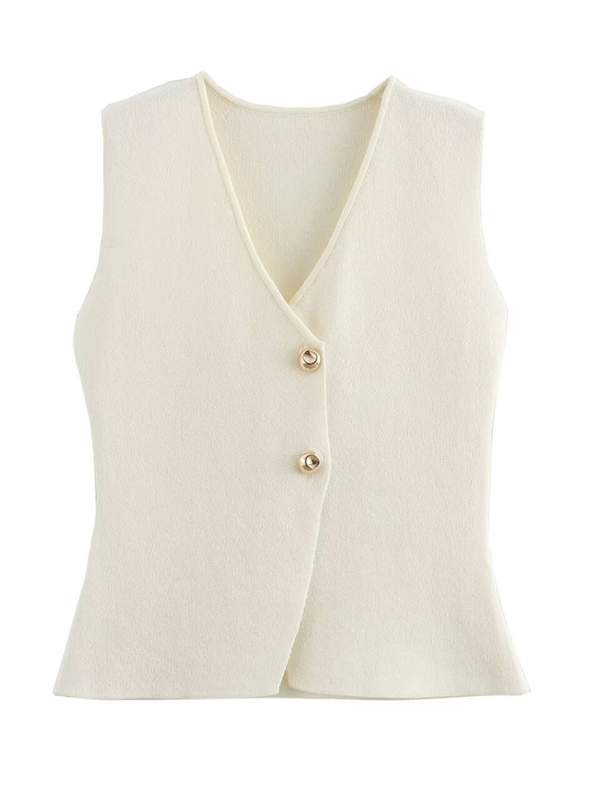 Ladies new gold button knitted vest - White / S