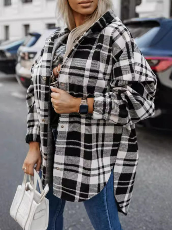 Ladies new loose fashion casual hooded plaid jacket - Black / S