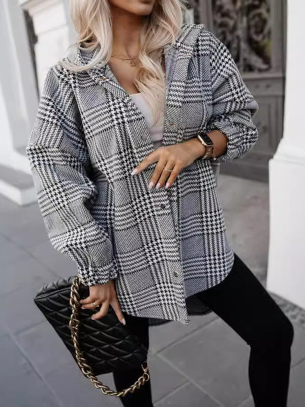 Ladies new loose fashion casual hooded plaid jacket - Misty grey / S
