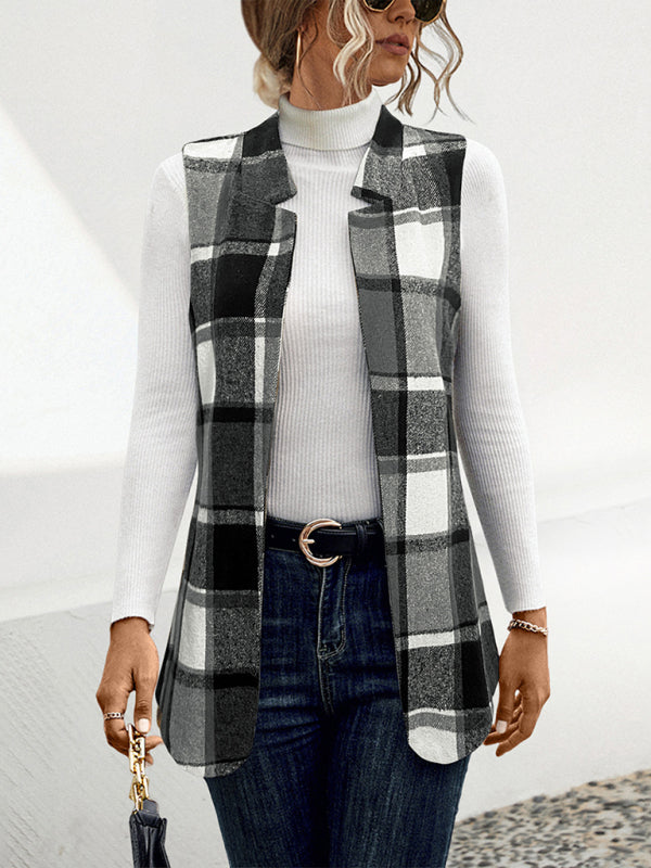 Ladies new loose plaid vest jacket - Black / S