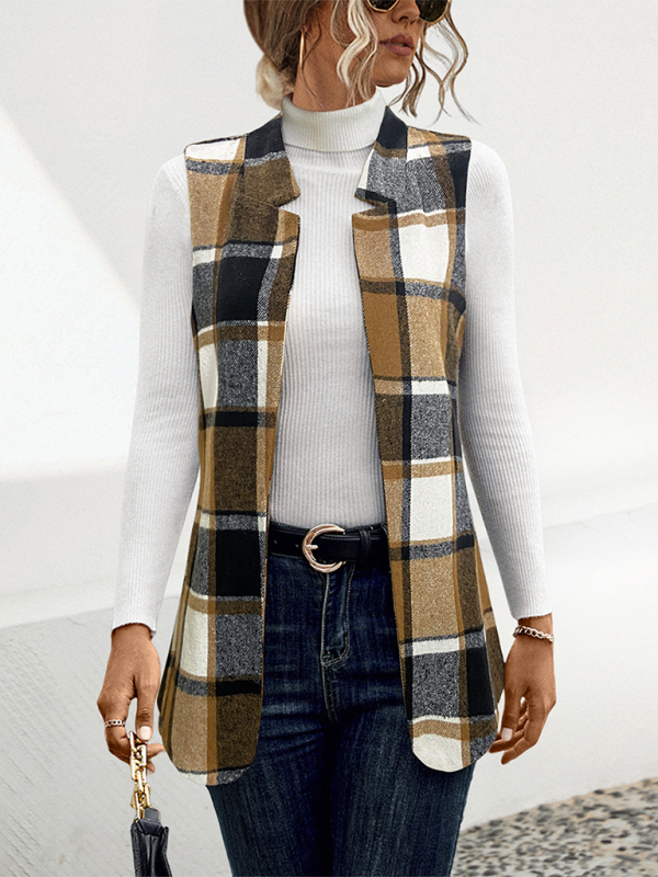 Ladies new loose plaid vest jacket - Khaki / S