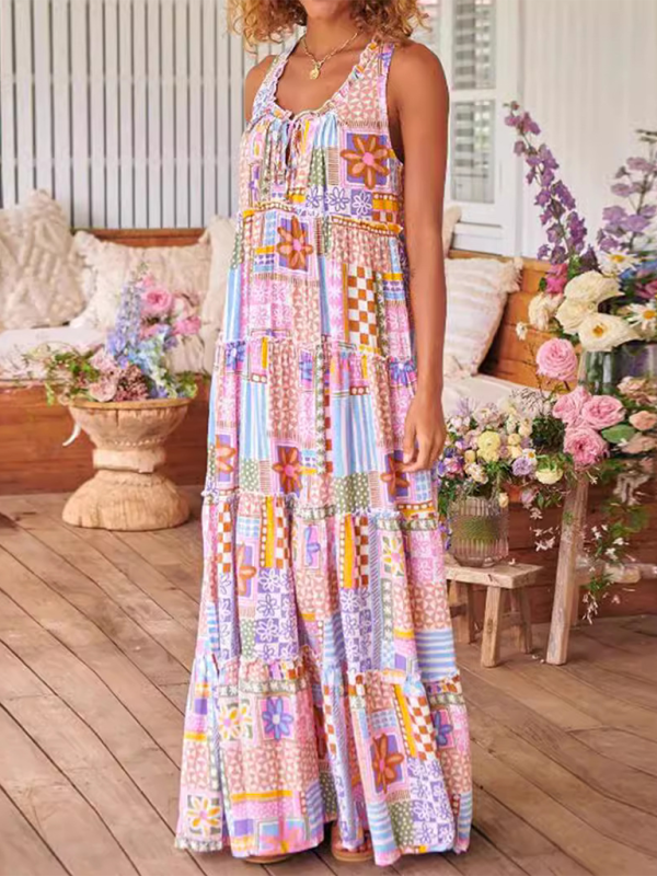 Ladies new printed round neck long dress - Pink / S