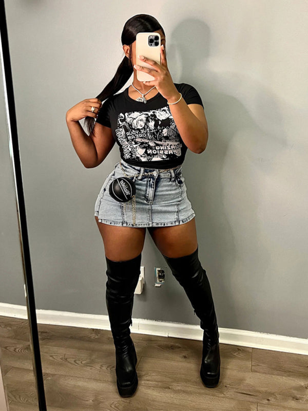 Ladies new retro washed stretch denim cotton short hip skirt pants - White / S