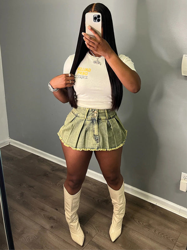 Ladies new retro washed stretch denim cotton short hip skirt pants - Champagne / S