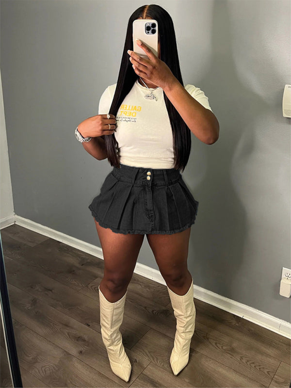 Ladies new retro washed stretch denim cotton short hip skirt pants - Black / S