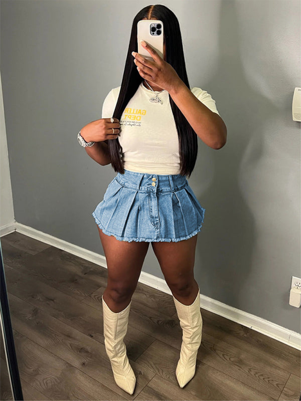 Ladies new retro washed stretch denim cotton short hip skirt pants - Clear blue / S