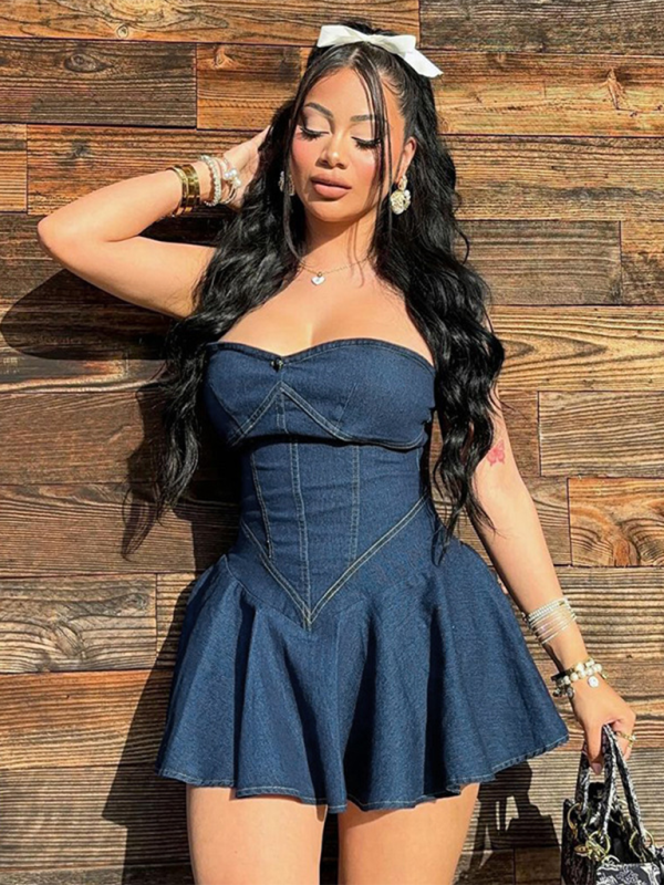 Ladies new sexy solid color tube top dress - Blue / S
