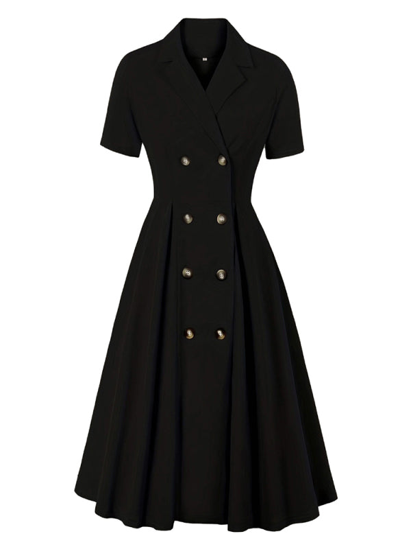 Ladies new solid color suit collar dress - Black / S