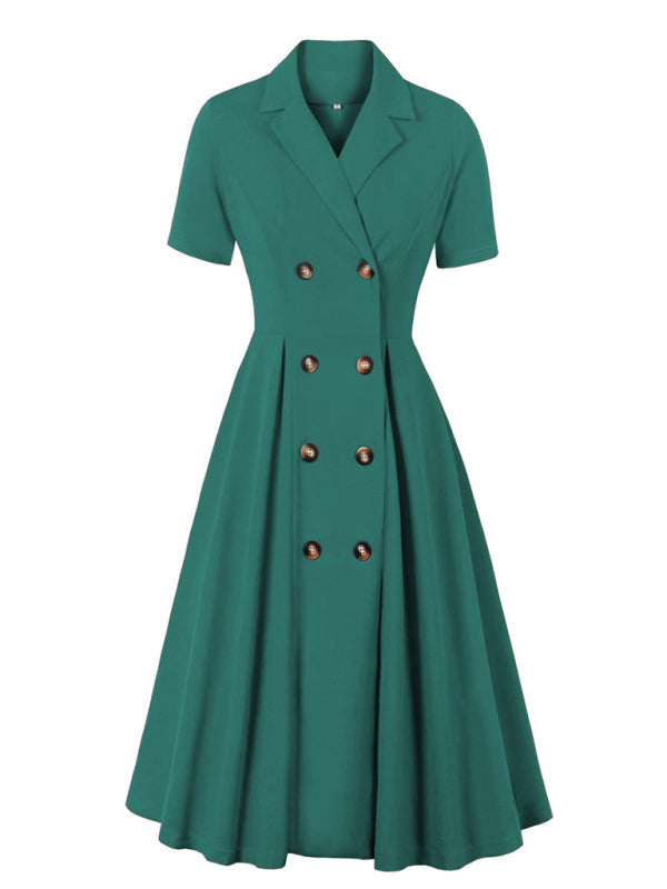 Ladies new solid color suit collar dress - Green / S